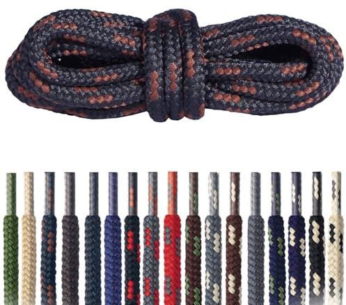 Mountval – Skosnören för Vandring och Trekking – Runda Slitstarka Polyester Snören – Rivtåliga (9176 - svart med brun | 120 cm - 6 till 8 par öljetter)