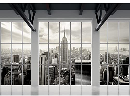 Runa Art Fototapete Fenster New York Modern Vlies Wohnzimmer Schlafzimmer - Made in Germany - 308 x 220 cm Grau 9187010a
