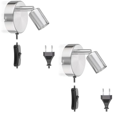ledscom.de 2x Leselampe/Wandleuchte LUNARA, Schalter, Stecker, edelstahl matt, 1x GU10 max. 25W