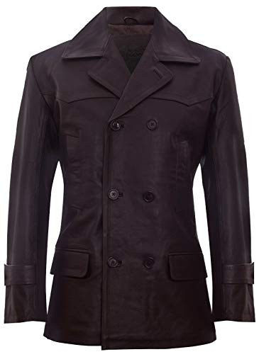 Uomo Tedesco Marrone Navale Dr Who Mucca Nascondi Pea Cappotto in Pelle XL