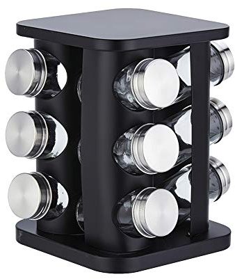Rotating Spice Rack, Stainless Steel Spice Rack Stand, 12 Spice Jars with Lids, Kitchen Cupboard Storage for Spices Condiments, Rotating Spice Jars Holder for Kitchen and Pantry (black)