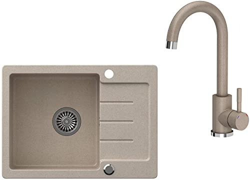 VBChome Diskbänk med armatur 60 x 44 cm, enkelbassäng, beige, granit, rektangulär, reversibel, infälld, diskbänk, stort djup bassäng, sifonblandning, underskåp från 50 cm