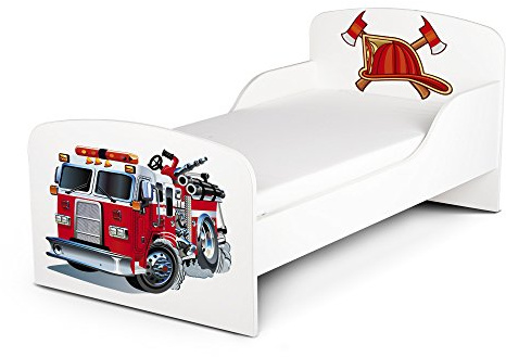 Leomark Funktionsbett aus Holz - Feuerwehrauto - Kinderbett mit Matratze, Holzbett mit Seitenschutz Lattenrost, Komplett Set für Kinder, Liegefläche 70/140 cm, UV-Druck
