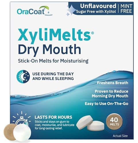 Xylimelts : Bouche Sèche 40 Pastilles Adhérentes Nature | Soulage la Sécheresse Buccale Jour & Nuit| Action Jusqu’à 8h| Sans Sucre, au Xylitol| Discret & Naturel| Testé Cliniquement