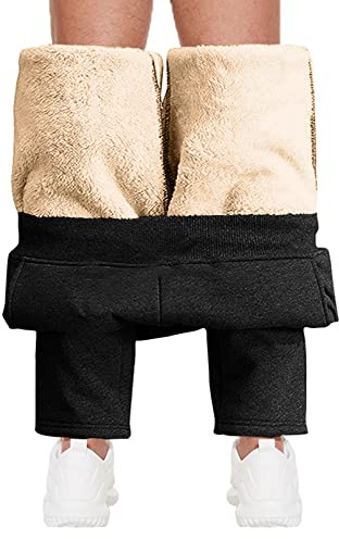 CheChury Jogginghose Herren Winter Fleece Sweathose High Waist Trainingshose Sherpa Gefüttert Warme Männer Sporthose Baumwolle Slim Fit Freizeithose mit Reißverschluss Taschen Relaxing Hose,Schwarz,L