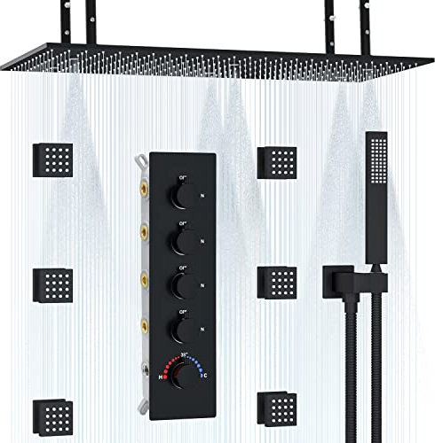 Delnet Rain Shower System Black Thermostatic Large 20x40 Inch Rainfall Mist Shower System with Body Jets Concealed Shower Mixer Set