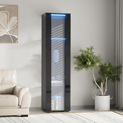 Pvillez 67 LED Display Cabinet with 4 Glass Shelves & 1 Door, Modern Curio Cabinet Collection Display Case Storage Cabinet, High Gloss Floor Standing Bookshelf for Living Room Bedroom Office (Black)