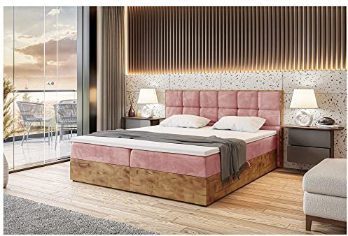 MEBLINI Boxspringbett mit Bettkasten - Gepolstert Doppelbett mit Matratze und Topper - Polsterbett mit Stauraum - Bett mit Kopfteil - Stauraumbett - Lofty 1-180x200 - H3/Rosa Samt