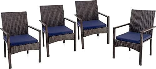 PHI VILLA Gartenstühle Wetterfest 4er Set Rattan Balkonstuhl mit Armlehne, Rattan bedeckt Metall Gartensessel mit abnehmbarem Kissen für Patio, Deck, Veranda, Yard