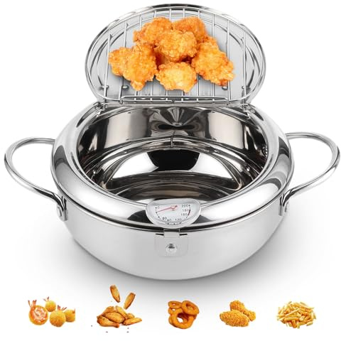 Japanese Deep Frying Pot, Tempura Frying Pot with Thermometer Induction Cooker Compatiblel 24Cm, 304 Stainless Steel Japanese Fry Pot for French Fries Shrimp Chicken Wings and Shri (Large Size 24cm)