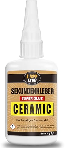 Sekundenkleber extra stark für Keramik und Porzellan 50g, Wasserfester und hitzebeständiger Porzellankleber, Keramikkleber mit Anti-Verstopfungskappe, Cyanacrylat(CA) Sekundenkleber für Keramik
