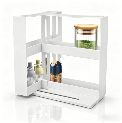 Cyrank Sliding Spice Rack Organizer,2 Tiers Seasoning Spice Jar Rack Storage Rotating Spice Rack Kitchen Cabinet Organiser Slide Salt Bottle Box Holder Shelf Counter Spice Stand