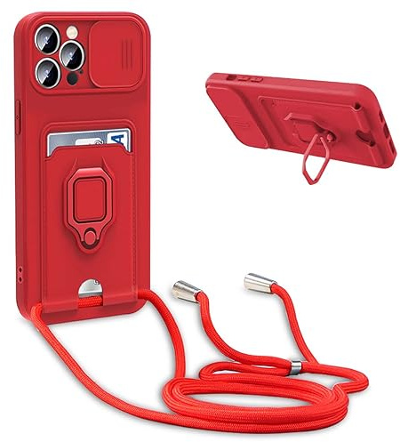 BGHHEU Coque avec Cordon pour iPhone 13,Collier pour Étui Colliers de cellulaire Réglable Corde Silicone Souple Case,Protection de la Caméra,Support,Porte Cartes - Rouge