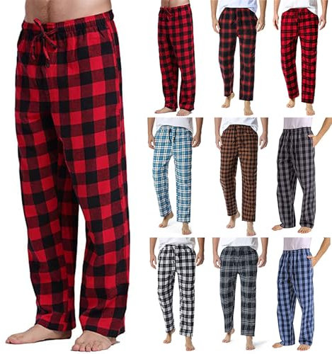 Pyjamahose Herren Schlafanzughose Lang Baumwolle Karierte Schlafhose Pyjamaunterteil Freizeithose Loungehose für Männer Pyjamahose Schlafanzughosen Freizeithose (01 Rot, L)