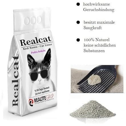 Katzenstreu Realcat |Cat Litter |Marsaille Duft |Babypuder Duft |feines Klumpstreu |maximale Saugkraft |Naturprodukt aus Bentonit |stark klumpend |Saubere Wohnung |neutralisiert Gerüche |staubarm