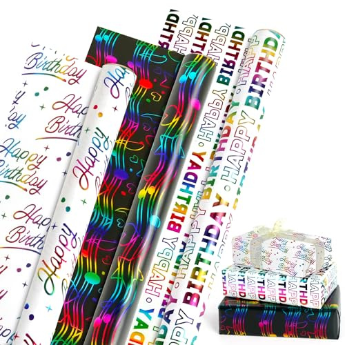 Geschenkpapier Geburtstag, 3 Rolle Buntes Geschenkpapier mit Metallfolie, 3 Verschiedene Designs Happy Birthday Geschenkpapierrolle für Geburtstagsanlässe, 43cm x 300cm pro Rolle