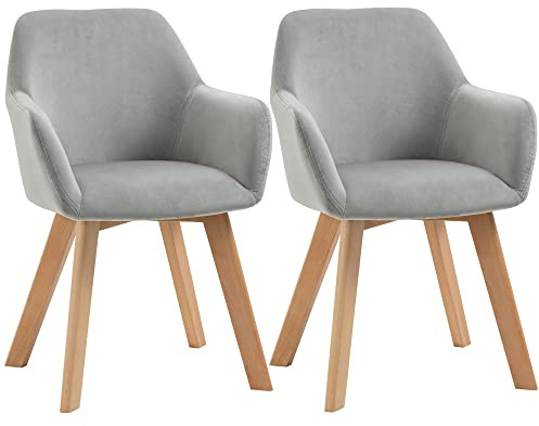 HOMCOM Set 2 Sedie Sala da Pranzo, Sedie Imbottite con Gambe in Legno, da Cucina con Braccioli in Tessuto Vellutato, Schienale Rigido, Comodo, 54x57x80cm, Grigio