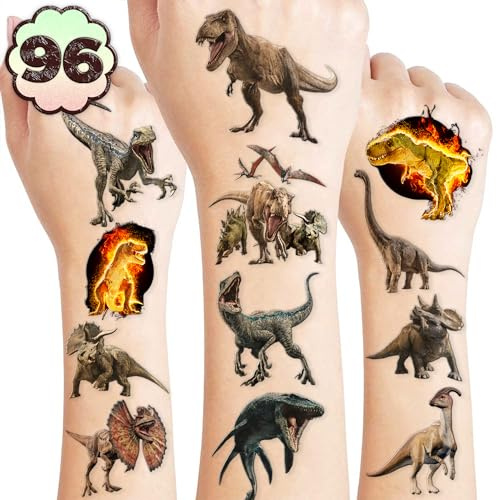 96PCS Dinosaur 3D Pre-Cut Temporary Tattoos - Stickers for Birthday Party Supplies, Decorations, and Favors - Super Cute Gifts for Kids, Boys & Girls, Classroom Prizes, and Themed (Normal)