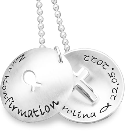 Halskette Kreuz Geschenk Konfirmation Mädchen Gravur ZUR KONFIRMATION 925 Silber Kette personalisiert Name Datum Christenfisch
