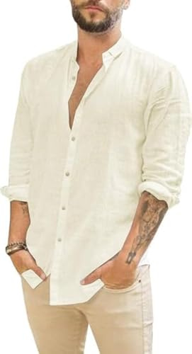 Runcati Camicia da uomo in lino, a maniche lunghe, estiva, da spiaggia, casual, vestibilità normale, per il tempo libero, Beige, L