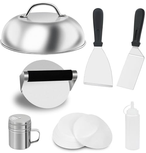 Qcdou Burger Press Kit, Smash Burger Press, Flat Top Griddle Accessories Kit, Burger Smasher, Stainless Steel Grill Spatula, 100 Wax Discs, BBQ Kit for Burger, Cooking Utensils(B)