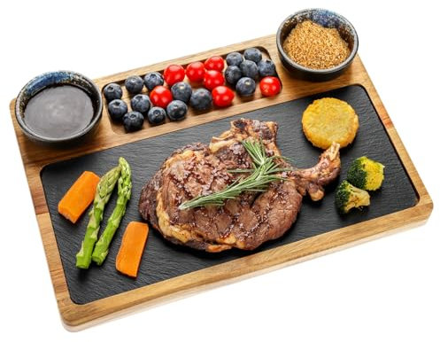 HALE OTEIR Placa de pizarra para servir carne, vajilla, placa de pizarra, de madera de acacia con 2 bandejas y compartimentos, plato de carne