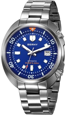 BERNY Automatische Herrenuhr Tauchuhr 20ATM Wasserdicht Herrenanaloge Mechanische Armbanduhr mit Superluminisierter Voll Edelstahl AR-Koating Saphirglas Mode Tauchuhr Geburtstagsgeschenk