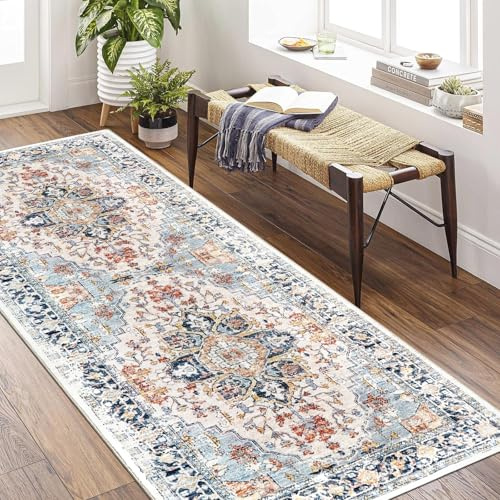 Homcomodar Vintage Teppich Läufer Flur 80x200cm rutschfest Küche Läufer Teppiche Waschbar Flur Teppich Läufer für Küche Schlafzimmer Eingang Waschküche(Blau)