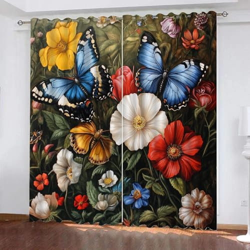 Generisch Schmetterlinge Und Blumen 3D Vorhänge Blickdicht Mit Ösen 2Er Set,Kinder Gardine Verdunkelungsgardine Für Wohnzimmer Schlafzimmer Kinderzimmer Dekoration,H 140CM X B 60CM,C2