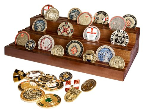 Cokritsm 3-Tier Military Challenge Coins Display Holder Solid Wood 9 Rows Rack Case Holds 55-80 Coins Challenge Coins Stand Challenge Coin Display Collector Holder Dark Brown