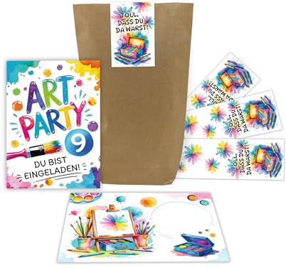 Junaversum 12 Einladungskarten zum 9. Kindergeburtstag Art Kreativ-Party Malparty Kunst Basteln DIY Mädchen Kinder Einladungen neunte Geburtstag Kids inkl. 12 Umschläge, 12 Tüten, 12 Aufkleber
