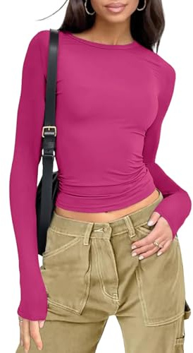 Gosunny T-shirt basique à manches longues pour femme - Col rond - Couleur unie - Décontracté - Cropped - Coupe ajustée, Rose, L