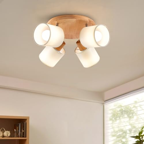 YNFLux LED Deckenlampe 4 Flammig Deckenstrahler Rund Holz Deckenleuchte Strahler E14 Schwenkbar 350°, Strahler Deckenspot Modern Spot Lampe für Wohnzimmer Schlafzimmer Küche Flur mit Leuchtmittel