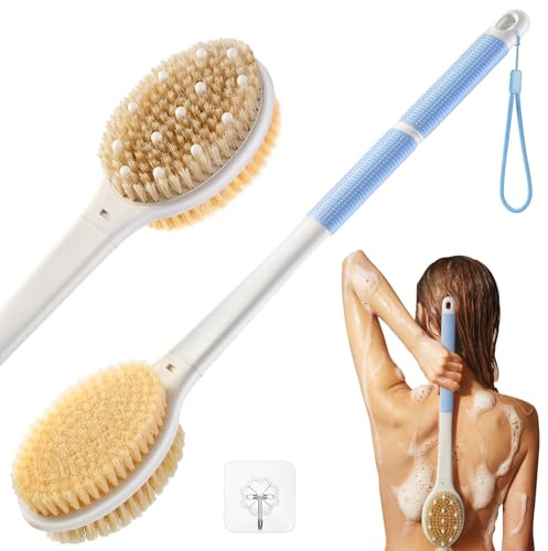Back Scrubber Body Shower Brush: Massage & Exfoliation Dry Brush Anti Slip 18.1 Long Handle Bath Brush with Stiff and Soft Bristles - Showering Blood Circulation for Women Men Elderly (Blue)