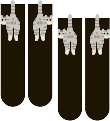 QckZee 2 Paar Katzensocken Damen – Niedliche Lustige Cat Socks mit Pompons – Weiche Baumwoll Socken Katze – Rutschfest & Bequem – Perfekte Katzen Geschenke für Frauen