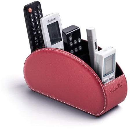 SANQIANWAN Soporte de mando a distancia de piel sintética con 5 compartimentos para receptor de TV, DVD, escritorio, bolígrafo, cocina, baño, maquillaje (rojo oscuro)