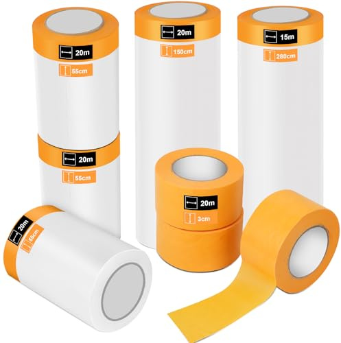 QUOTRE Abdeckfolie mit Klebeband Set, 8 Rollen Malerfolie 55/150/280cm+ 3cm Malerfolie Set, Abdeckband für Malerarbeiten, Lackieren, Renovierung, Möbel- & Bodenschutz, selbstklebend und wasserfest
