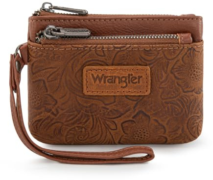 Wrangler Coin Purse for Women RFID-blocking Floral Embossed Change Pouch Wristlet Wallet Lightweight Portable Wallets Brown
