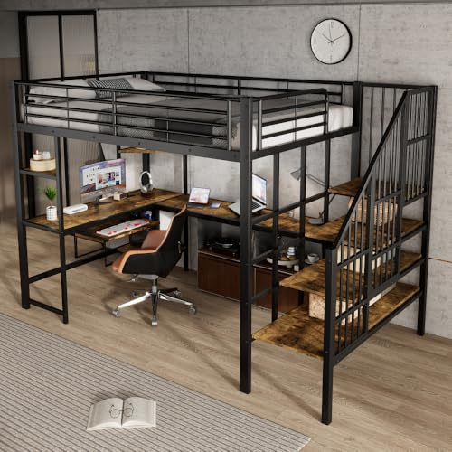 Luonians - Cama entrepiso de hierro 120 x 200 cm, litera para adultos con puerto de carga, cama entrepiso con escritorio con cama infantil con almacenamiento, niño con barrera, entrepiso escalera