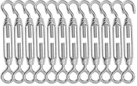 High-PQ Stainless Steel Turnbuckle Tensioner, Heavy Duty Turnbuckles, Hook and Eye Turnbuckle for Cable Tent Installation Sun Shade Gardening Decoration（M4,12PCS）