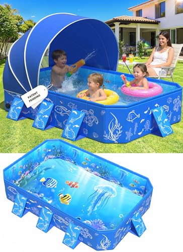 KingSom Piscina Rectangular para Niños con Toldo Solar, Piscina para Niños Plegable, Piscina Desmontable para Bebés, Anti-UV, Fácil de Guardar, Piscina Familiar para Jardín o Playa, 135 x 102 x 31 cm