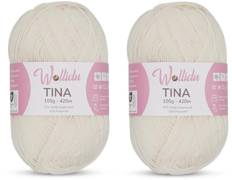 Wollidu Tina Strumpfwolle/Sockengarn 4-fädig 2er Set – 75% Wolle 25% Polyamid – 100g/420m – Nadelstärke 2–3 mm – uni Sockenwolle – Farbe Naturweiß