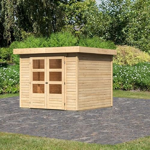 Karibu Askola 3,5 | Abri de Jardin Bois Massif 19mm - 5,95m² | Double Porte Vitrée & Toit en Pente | Couleur Naturelle avec Fenêtres Plexi | Kit Fondation Optionnel