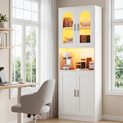 YITAHOME Hohes Bücherregal, Holzregal mit Schranktüren, modernes Bücherregal mit Präsentationsfläche, Aufbewahrungsschrank mit Beleuchtung für Zuhause, Büro, Wohnzimmer, Weiß