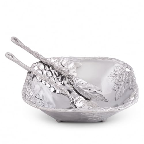 Arthur Court Designs 3 Piece Metal Salad Set with Bowl and Server in Grape Design, Sandcast, Cast Aluminium, Hand Polished Design, Tanish Free