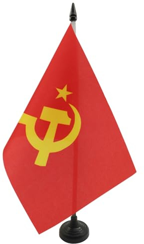 AZ FLAG Drapeau de Table URSS logo central 21x14 cm Socle Plastique | Usage intérieur Drapeau de bureau communiste finition cousue et bords renforcés avec mât en plastique et socle en plastique