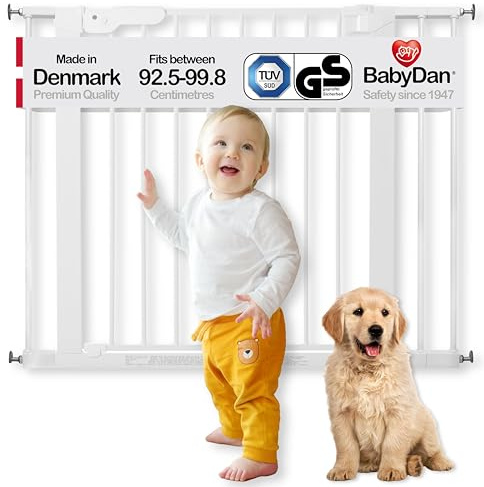 BabyDan Premier, extra brett trappskydd för fastspänning, 92,5–99,8 cm, dörrskyddsgaller/avstängningsgaller/babygaller/säkerhetsgaller, metall, vit, tillverkad i Danmark (hundgaller)