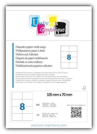400 Étiquettes 105 x 70 mm = 50 feuilles de 8 Étiquettes adhésive blanches personnalisable 10.5 x 7 cm autocollantes pour imprimante jet d'encre et laser étiquette utilisable avec code Herma 4426
