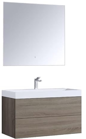 StoneArt Badmöbel-Set mit Mineralguss Waschbecken und Unterschrank und LED Spiegel Touch-Sensor Waschtisch als Einzel- oder Doppelwaschbecken Brugge BU-0901 Eiche hell 90cm