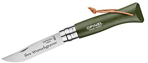 OPINEL-Messer Nr. 8, Buchenholzgriff Khaki, Lederriemen, mit persönlicher Gravur auf der Klinge